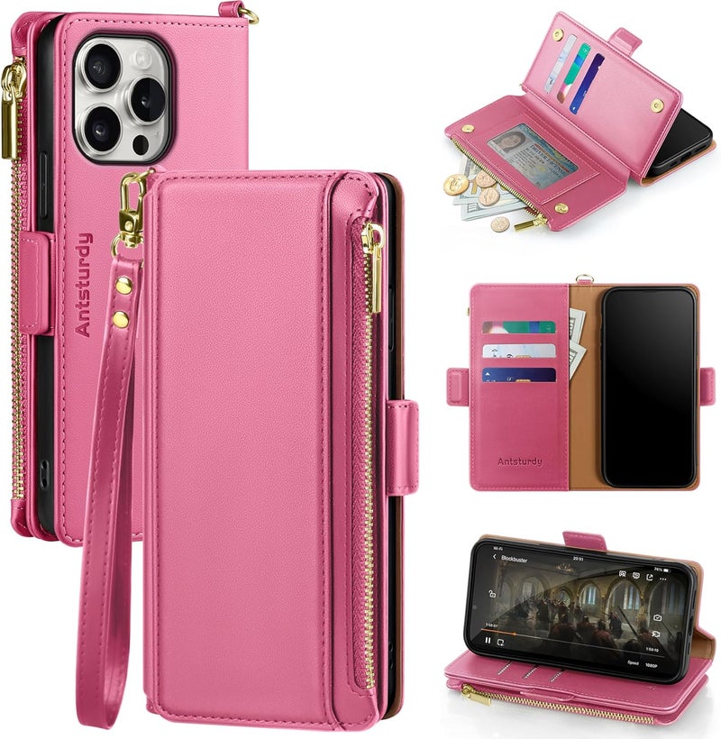Antsturdy Compatible with iPhone 16 Pro Max Wallet Case,RFID Blocking PU Leather Phone Case Women Men Kickstand flip Cover Wrist Strap Zipper Credit Card Holder Slots for Apple 16 ProMax,Hot Pink - Image 1